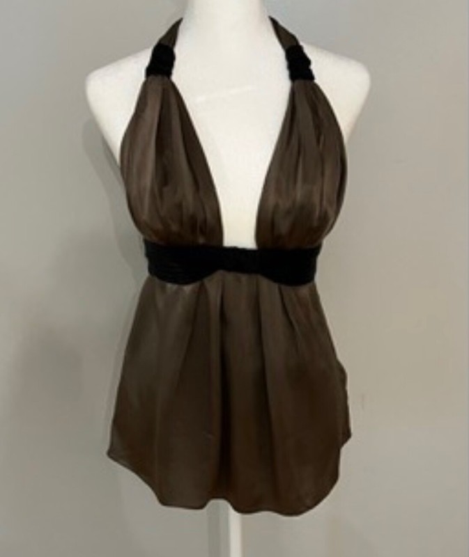 BLACK HALO women's halter, empire waist dark green and black top, 100% silk,sz 2