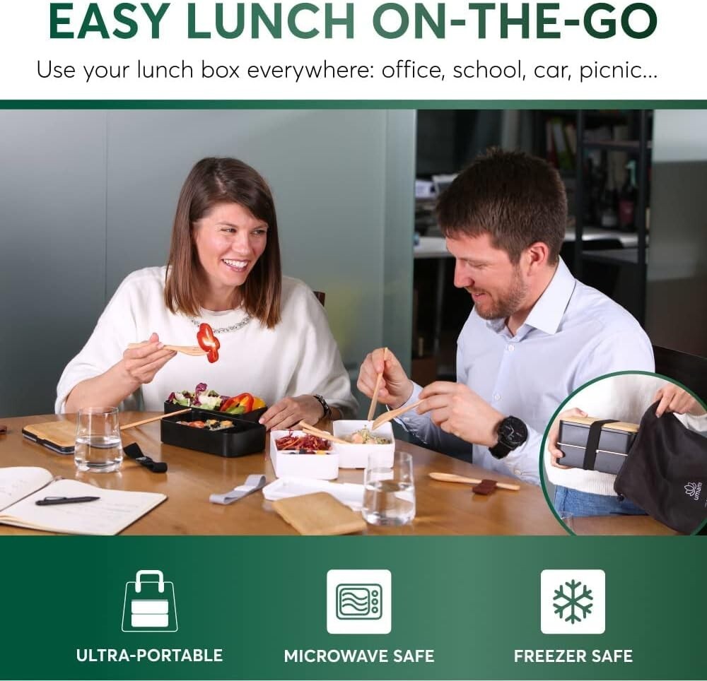 Umami Bento Box for Adults with 4 Utensils 2 Jars 2 Dividers Microwave Safe
