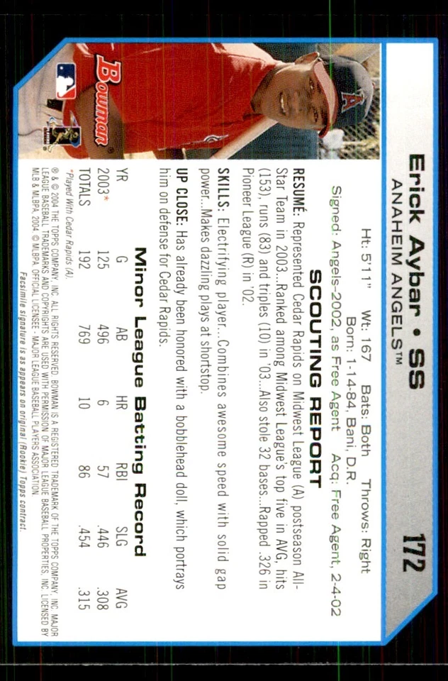 Bowman 2005. Tarjetas de béisbol Erick Aybar #172 Foto 2 de 2