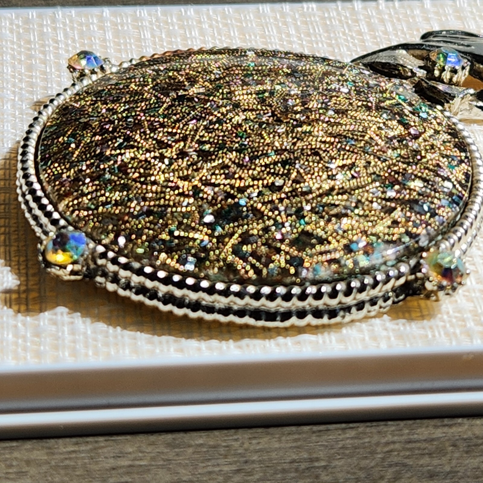 Vintage  Miniature Silver Glitter Rhinestones Hand Mirror 4”