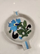 Vintage Blue Green Floral Pottery Ashtray One Of A Kind 