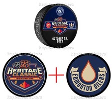 2023 HERITAGE CLASSIC 20th ANNIVERSARY EDMONTON OILERS 3 HOCKEY PUCK PKG. EVENT