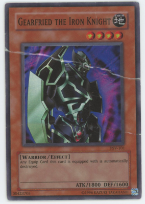 heavily played yugioh card Gearfried the Iron Knight PSV-101 Heavily Played Super Holo Rare Yugioh Card