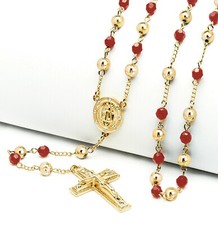 Mens Catholic Rosary 6mm Gold Red Bead Guadalupe Jesus Cross 28" Necklace HR 600