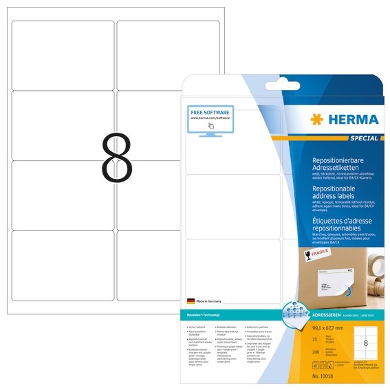 Herma 10018 Repositionierbare Adressetiketten A4 99,1X67,7 Mm Weiß Movables Papi-image