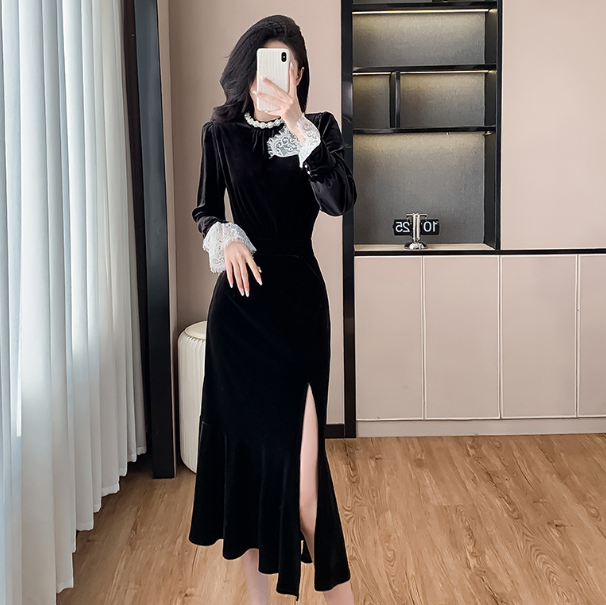 Womens French Celebrity Pearl Lace Long Hip-wrapped Split Fishtail Velvet  Dress | eBay