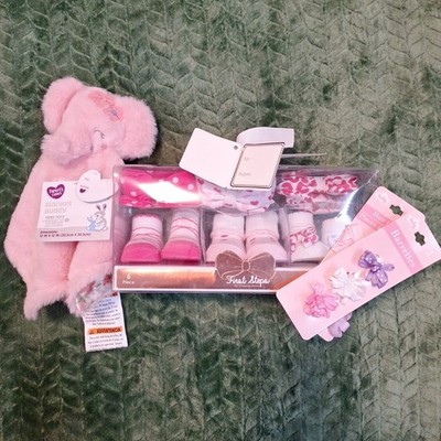Baby Girl Pink Gift Socks Set Plush Elephant Blanket Buddy Headbands Hair Bows