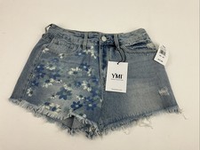 YMI Girls Junior High Rise Blue Denim Shorts Flower Rips Whiskers Size 07/28