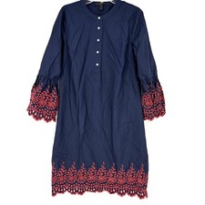 J Crew XS Eyelet Bell Sleeve Dress Navy Red 100% Cotton
