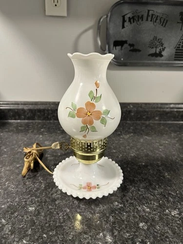 VTG Milk Glass Floral Painted Hurricane Table Lamp