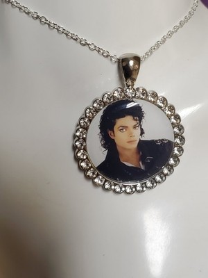 Michael Jackson Bad Album Cover Pict 925 necklace w/ rhinestones Pretty Silver 