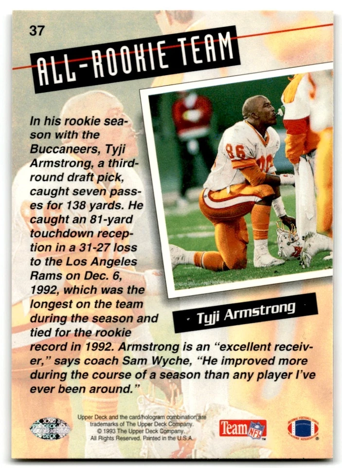 1993 Upper Deck Tyji Armstrong Tampa Bay Buccaneers #37 - Image 2 of 2