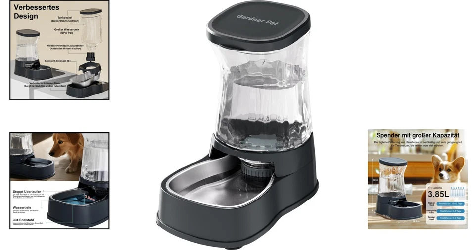 Futterautomat Katze Wasserspender Edelstahl 3,85L rutschfest BPA frei - Bild 2 von 4