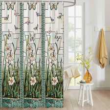 Waterproof Shower Curtain Stained Glass Meadow Flower Dragonfly Print Polyester