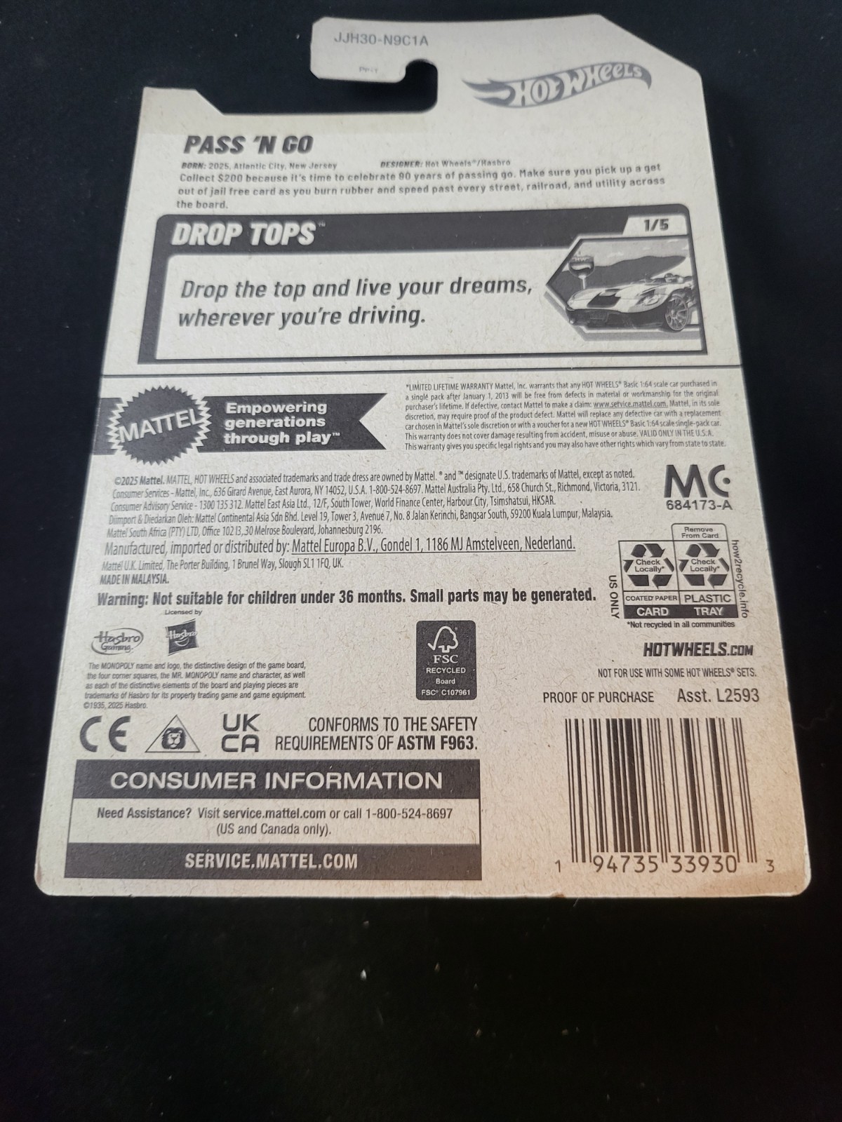 2026 Hot Wheels #5 Drop Tops 1/5 PASS 'N GO Monopoly Token New Model Near Mint