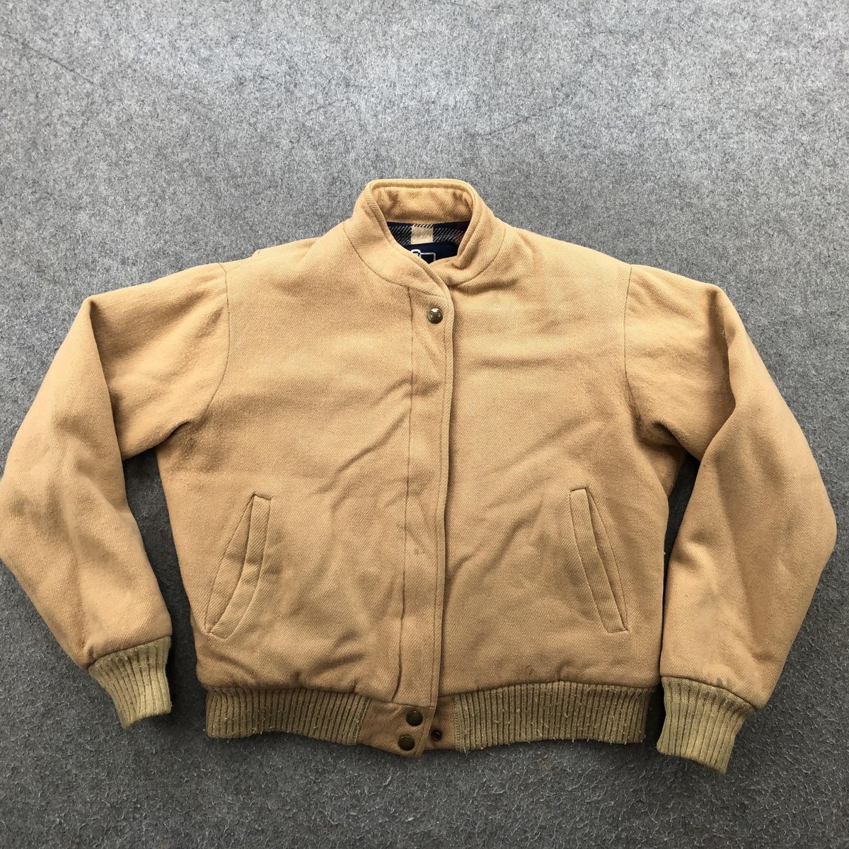 Vintage Woolrich Jacket Womens Small Tan Bomber Plaid Lined Snap