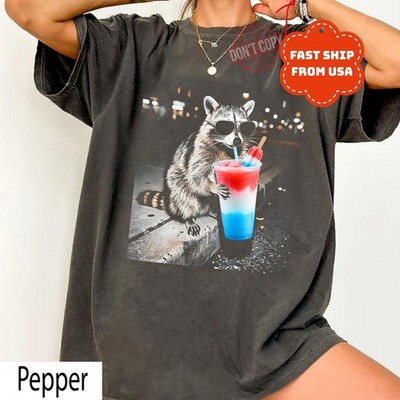 4th of July Raccoon Drinking Slushie Shirt, Funny Patriotic Unisex T-shirt