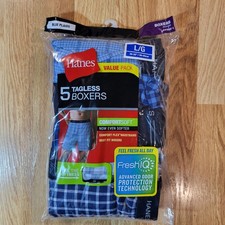 Hanes 5 Pack Tagless Boxers Blue Plaid ComfortSoft FreshIQ Large 36-38 841BX5