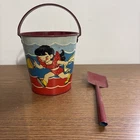 VINTAGE TIN LITHO OHIO ART METAL TOY BEACH SAND PAIL & SHOVEL CHILDREN PLAYING