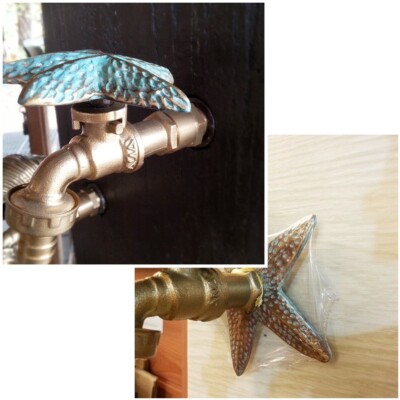 SET Brass Garden Faucet Tap & Base Green Star Fish Spigot Water Decor Outdoor