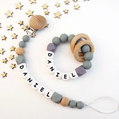 Personalised Name Dummy Clips Bracelet Ring Silicone Pacifier Holder Shower Gift