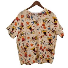 Peaches Uniforms Womens L Beige Halloween Witch Print Scrub Top Classic Cotton