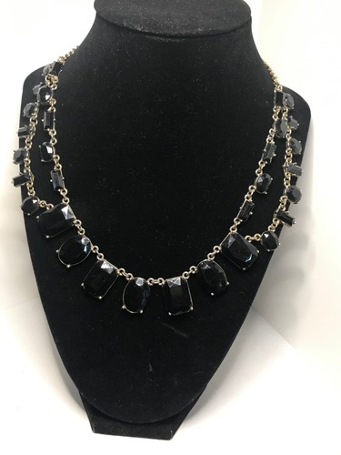 Double Row Square Black Stones Prong Necklace, Set in Gold Tone and Accented wit - Picture 9 of 9
