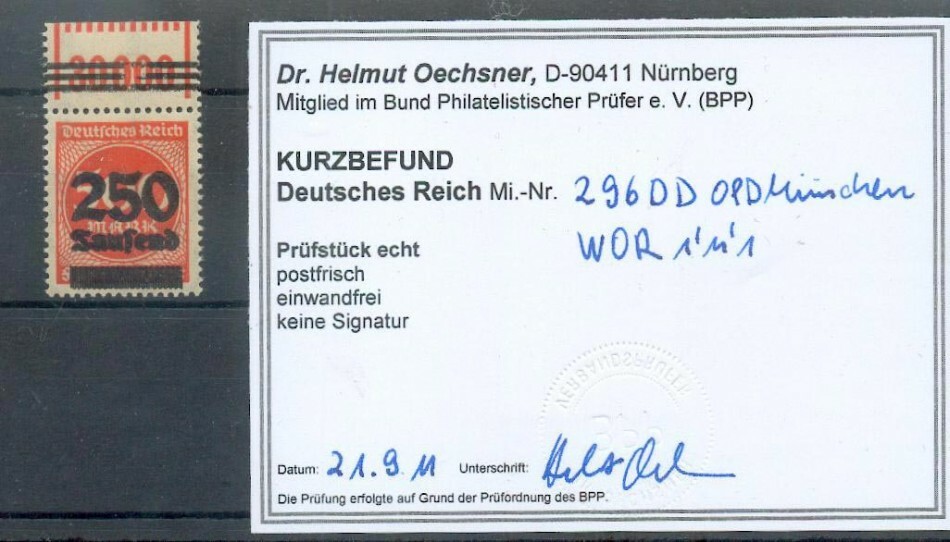 Dr-Infla 296DD Wor Double Print + Upper Edge MNH Mint BPP Certificate Eur ( 4267