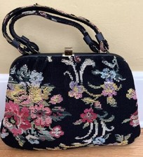 Vintage Antique Petit Point Floral Needlepoint Hand Bag Purse Gold Trim CLEAN