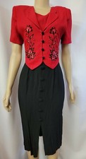 K PETITE Vintage Women’s  Dress with Attached Vest, Red and  Black, 6P EUC #C