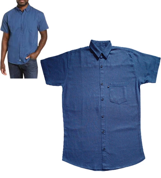 Large Size Durable Men's Linen Short Sleeve Summer Shirts Casual Light Blue Colo