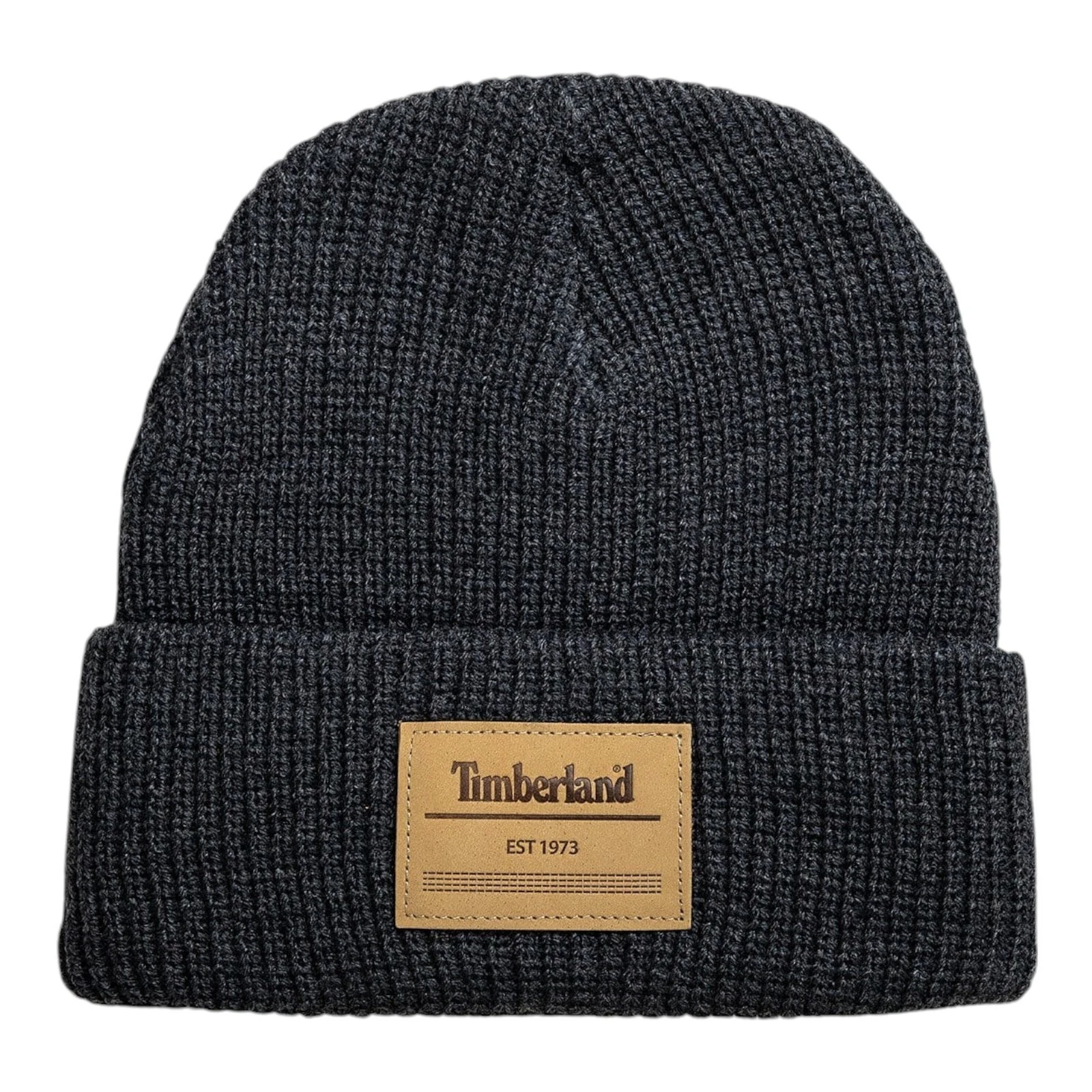 Timberland Knit Cuffed Beanie Hat Leather Patch Dark Heather Grey