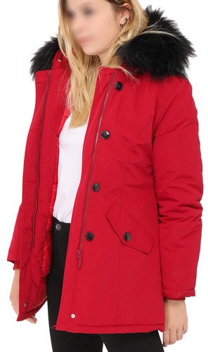 Giaccone parka imbottito no piumino con cappuccio e bordo in eco pelliccia, lisc - Picture 2 of 6