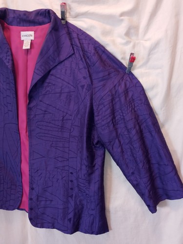 Chicos Size 2 100% Silk Purple Abstract Print Lightweight Open Jacket - Picture 3 of 10