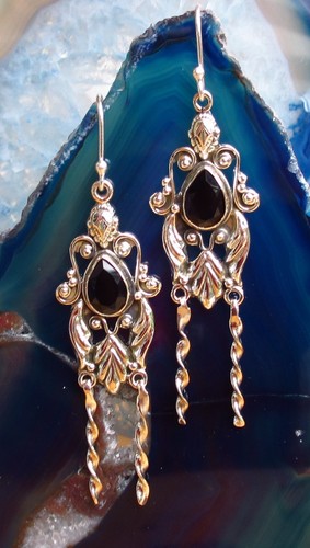 Rx Orecchini IN Stile Liberty Onice Nero Pietra Del Capricorno Argento Sterling