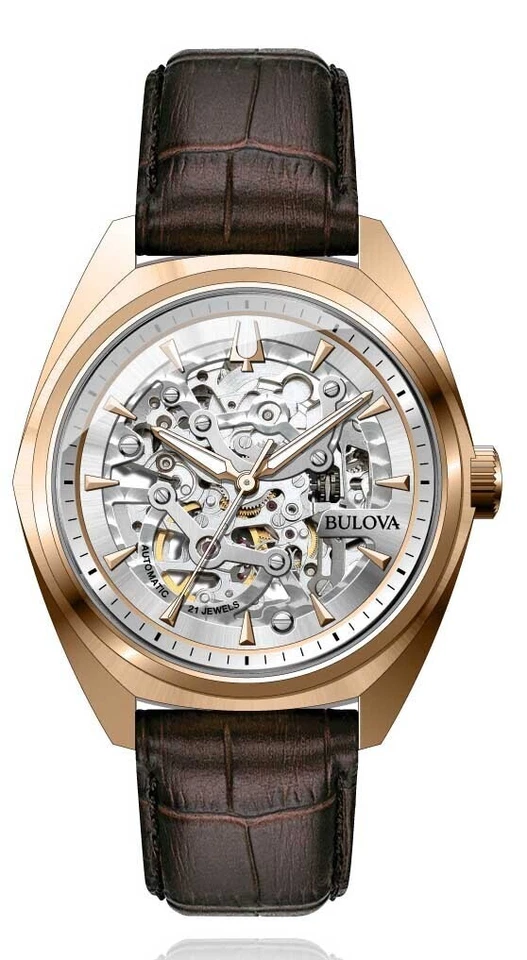 Bulova Reloj Hombre Clásico Automático Completo Esqueleto Cuero Marrón 41 MM 97A175