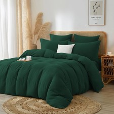100 Cotton Muslin Duvet Cover Set Queen Size Dark Green, Ultra Soft Breathab...
