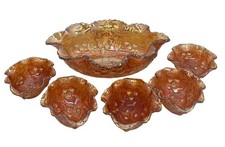 Antique Dugan Carnival Glass "Wreathed Cherries" Marigold w/Ruffled Rim, 6 Piece