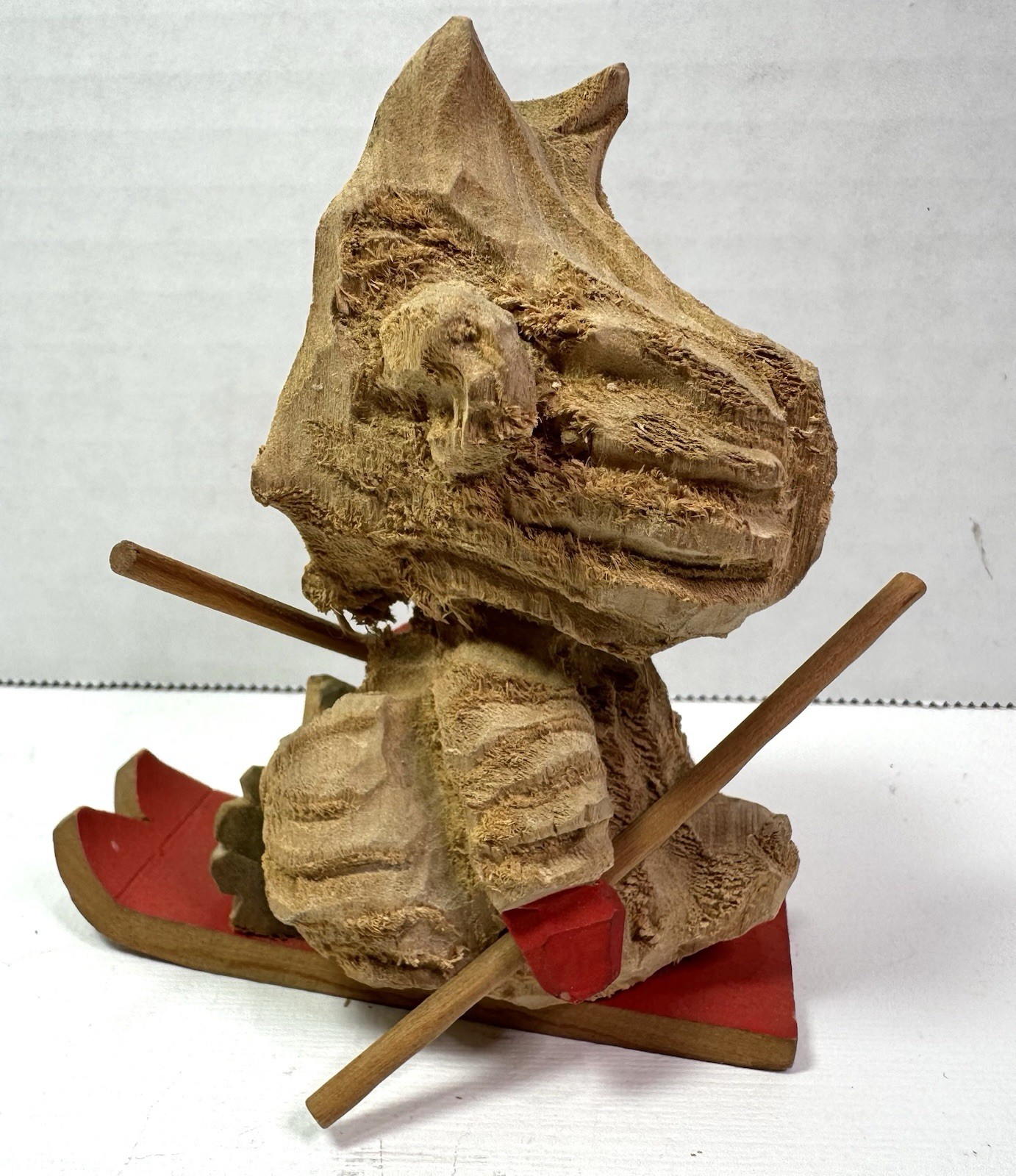 Vintage 1960s Henning Norway Hand-Carved Troll Wooden Gnome Mouse On Red Skis