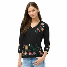Johnny Was Ziviana 3/4 Trapunto Tee Floral Embroidery Cotton Shirt Black Top NEW