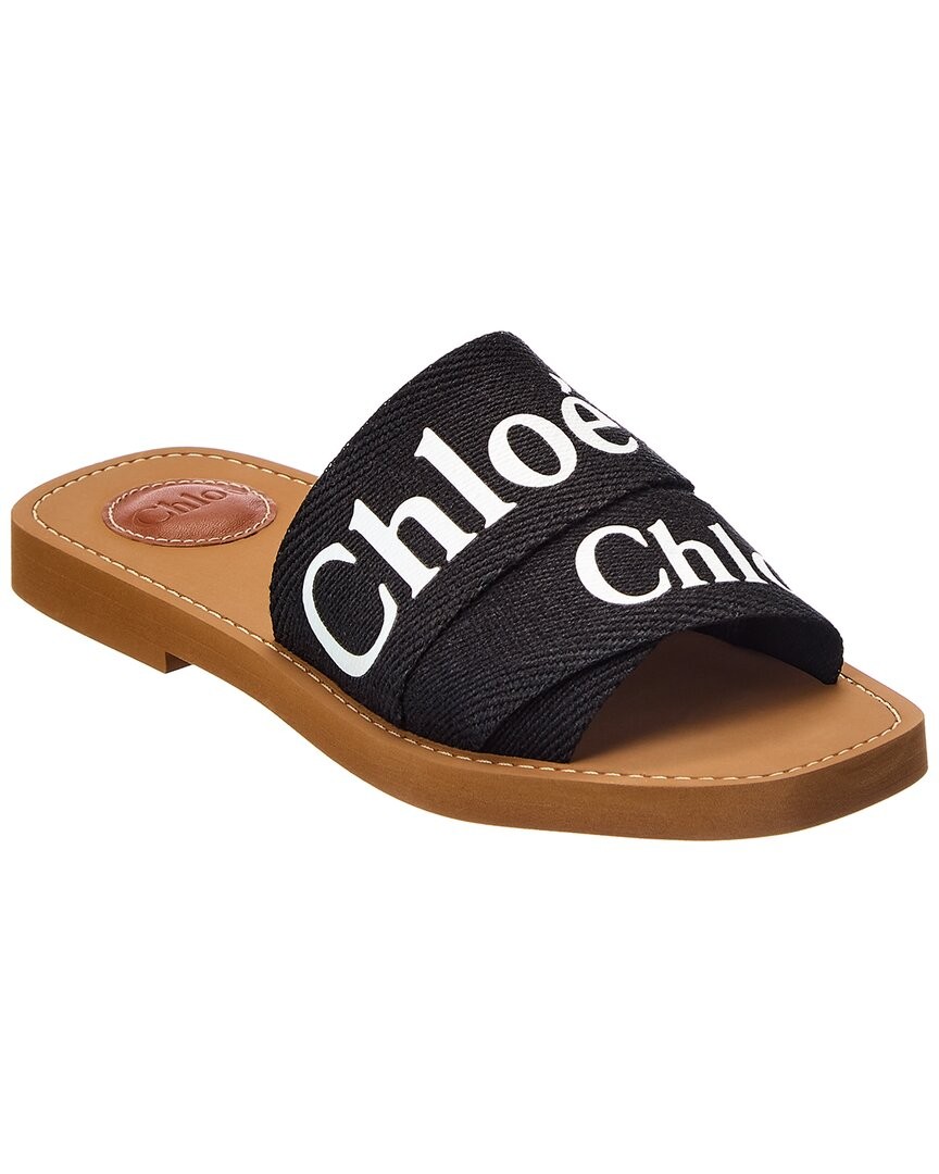 Chlo Woody Logo Linen Slides Womens Black 36 68290₽