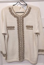 Vtg Victoria Harbour Ladies Size Medium Ivory Beaded Pearls 3/4 Sleeve Sweater