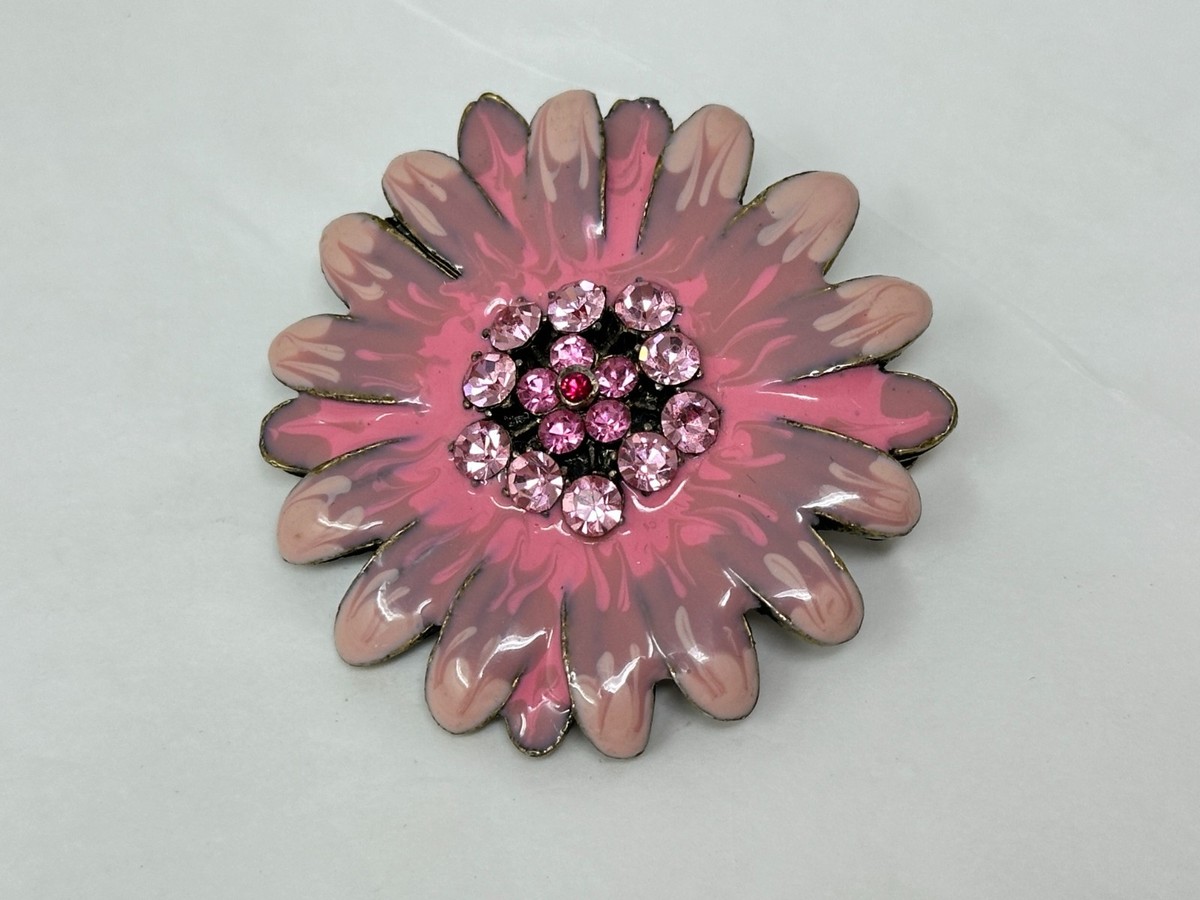 Beautiful Brass Color Metal Pink Enamel Rhinestone 1-7/8