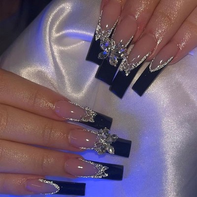 ANDGING French Tip Press on Nails Black Long Coffin Fake Nail with Glitter Si...