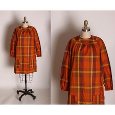 1960s Orange, Brown and Yellow Plaid 3/4 Length Sleeve Pocketed Dress
