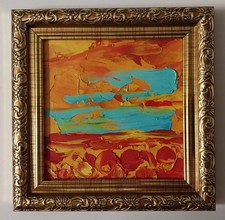 Framed Abstract Poppy Field Sunset Landscape 4x4  Impasto Oil Painting Original