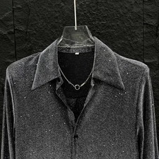 Men's Casual Button Down Shirt Glitter Sequin Long-sleeve Top Loose Bling Blouse