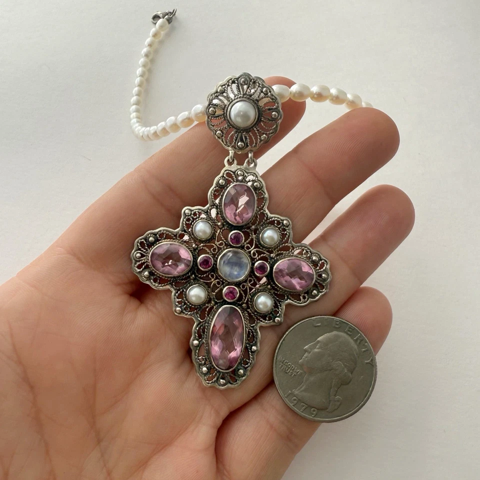 Nicky Butler Pink Quartz Pearl Moonstone Sterling Silver Cross Pendant Necklace - Image 2 of 4