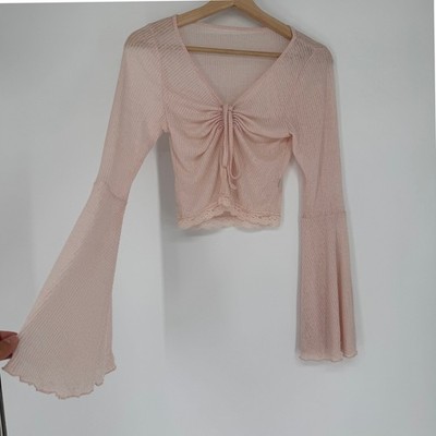 Pink Rib Knit Bell Sleeve Crop Top XS Lace Trim Coquette Balletcore Dainty Fairy