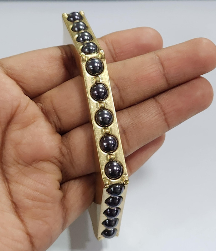 QVC Antiqued Goldtone Black Simulated Pearl Hexangle Bangle Bracelet